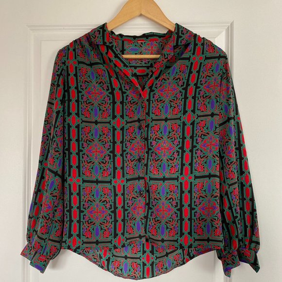 Vintage Geometric Print Button Front Blouse - Picture 1 of 3